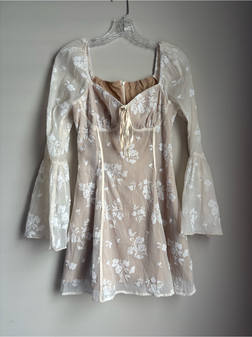 Cider cream floral lace mini dress delicate sheer bell sleeves size xs